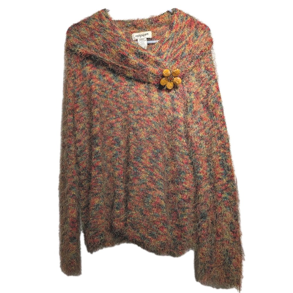 Vtg EasySpirit Sweater Women L Multicolor Fuzzy Cowl Neck Jewel Brooch EUC